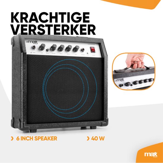 Zwarte gitaarversterker met zwarte speakerdoek en bedieningsknoppen.