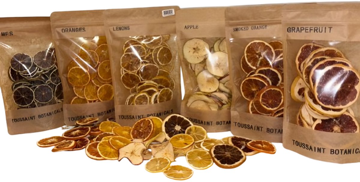 Toussaint Botanicals Premium Fruit Mix - 6x100g Gedroogde Fruit Schijfjes - Noodpakket fruit - Sinaasappel, Limoen, Grapefruit, Eiken Gerookte Sinaasappel, Appel & Citroen - 100% Natuurlijk - Cocktail Garnering & Decoratie - Gratis Verzending!