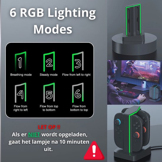 Zwarte oplaaddock met 4 Switch Joy-Cons. Zes RGB-lichtmodi: ademend, constant, flow van links naar rechts, rechts naar links, van boven naar beneden en van beneden naar boven.