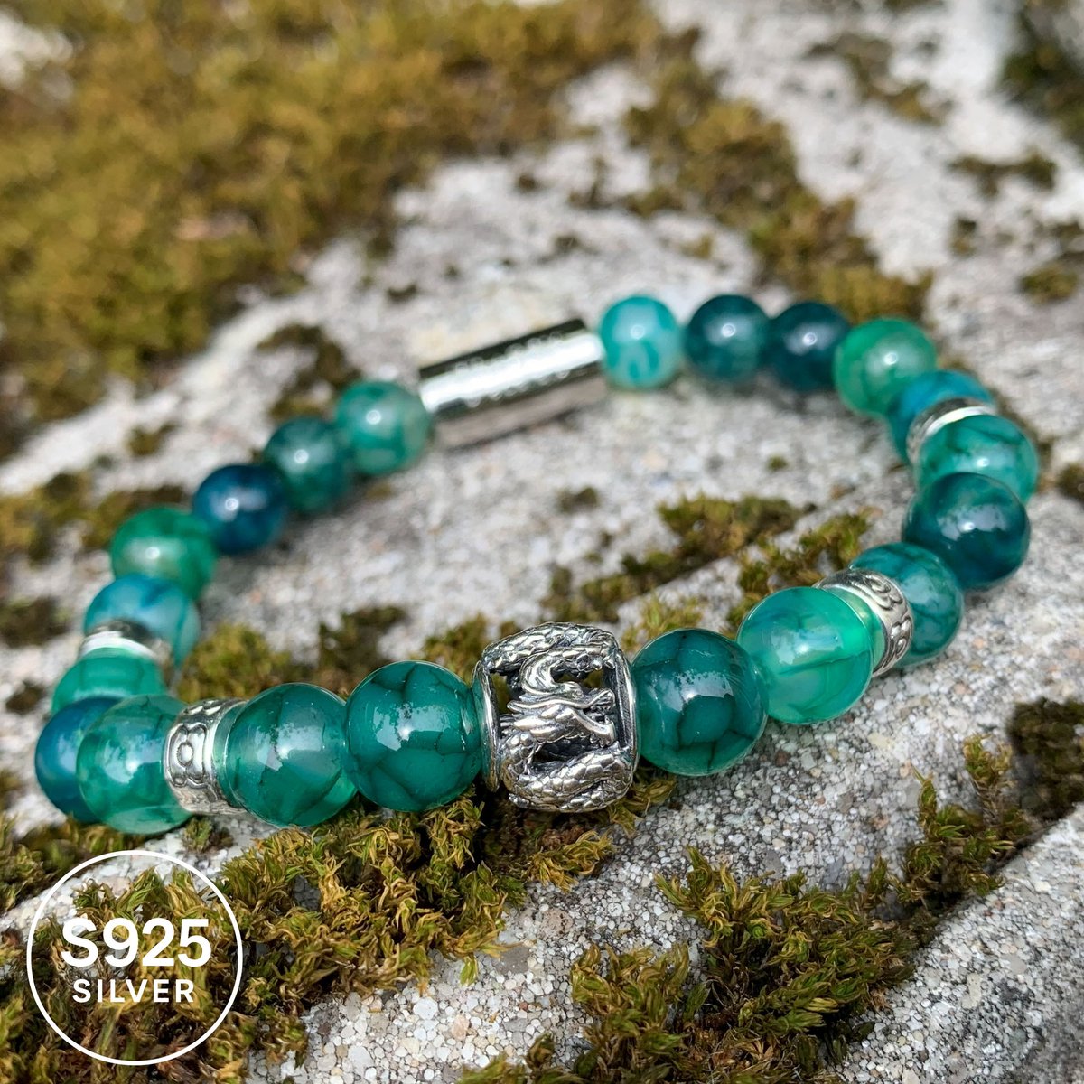 Dragon Bracelets - Heren Armband - Groene Draak Agaat - Natuursteen - Zilver