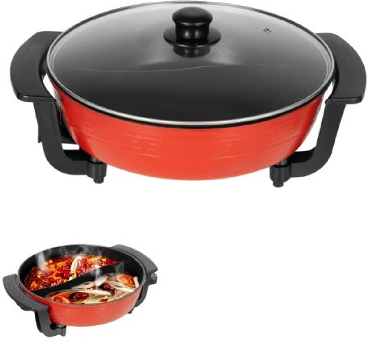 Equal to None -Hotpot Electrisch - Fonduepan - 4 kookfuncties - 1360W - 360° warmtecirculatie - 5 standen - 31 cm diameter - 6L - frituren, koken, stomen en als hotpot - Rood
