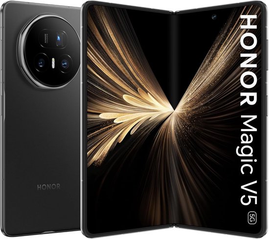 Zwarte Honor Magic V5 5G gevouwen telefoon, met een rond camerablok aan de achterkant. Het open scherm toont een gouden, abstract patroon.