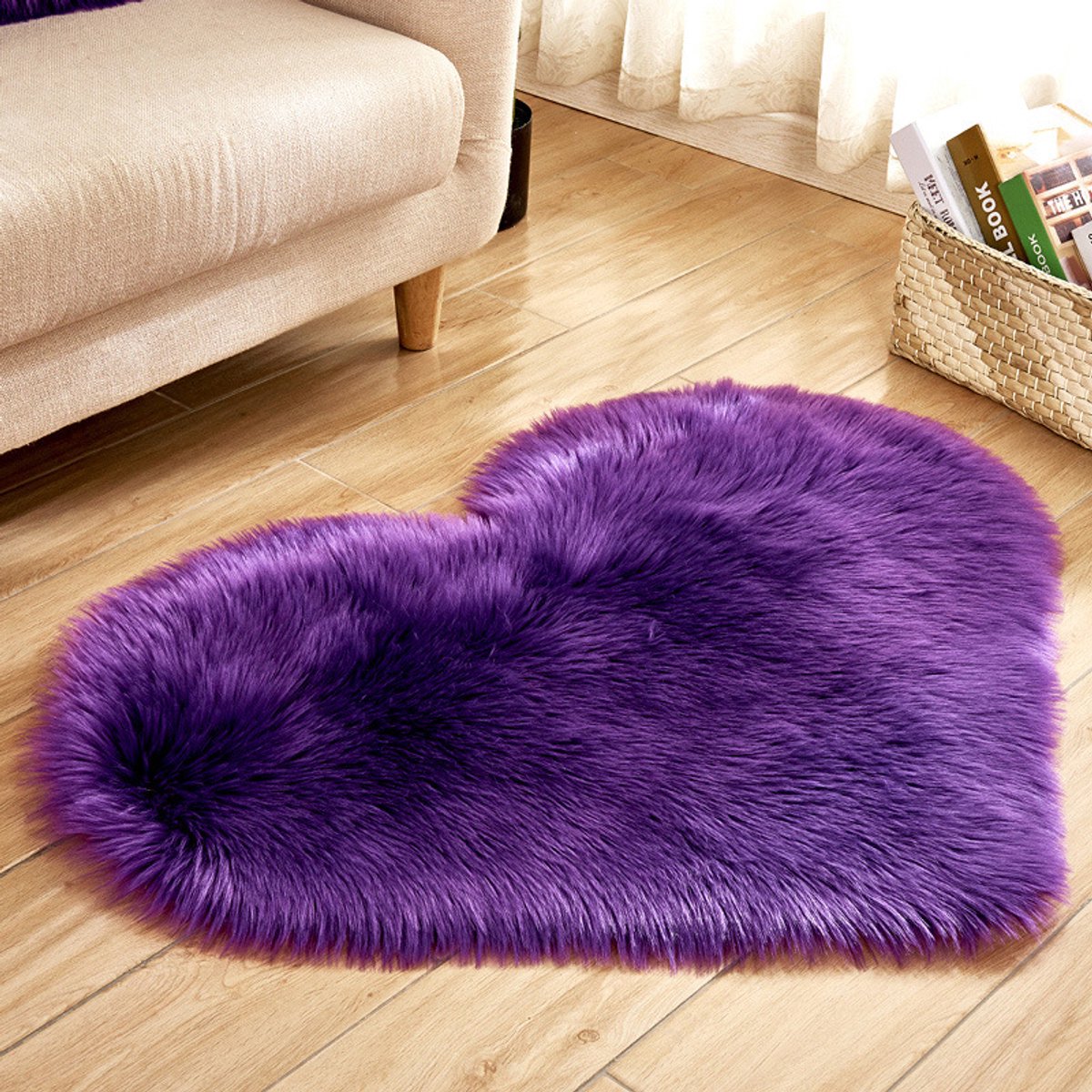 Qelus Paars Modern Hartvormig Vloerkleed met Lange Pluizen - Wasbaar - Hoogpolig Vloerkleed - Zacht fluffy Decoratie - Voor Stoel, Bank of Bed - 70x90 cm