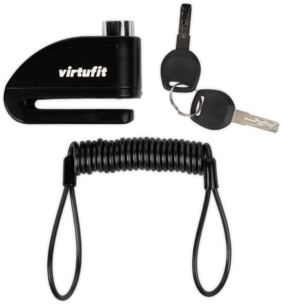 Zwart Virtufit schijfremslot met twee sleutels en een zwarte spiraalkabel.