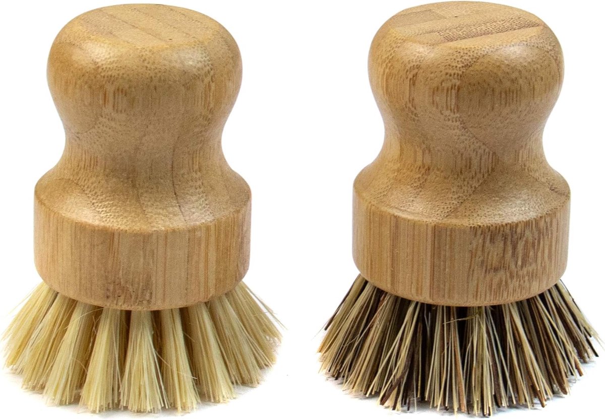 Natuurlijke bamboe vaatwas - schrobborstel voor het reinigen van potten, schrobborstels met kokosharen voor gietijzeren koekenpannen (2-pack, (1) diepe kleur en (1) lichte kleur)