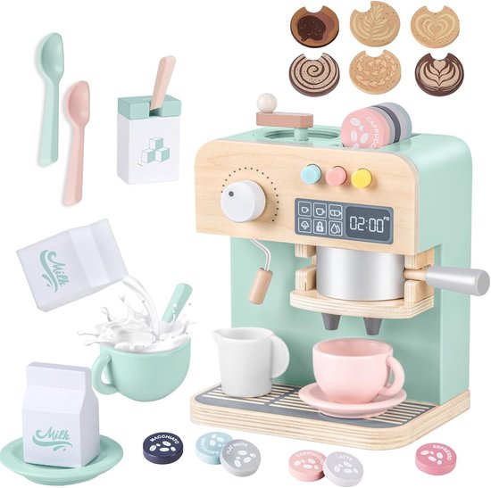 Machine à Café Enfant En Bois - Avec Moulin, Accessoires, Cuisine Jouet - Cadeau Éducatif Dès 3 Ans