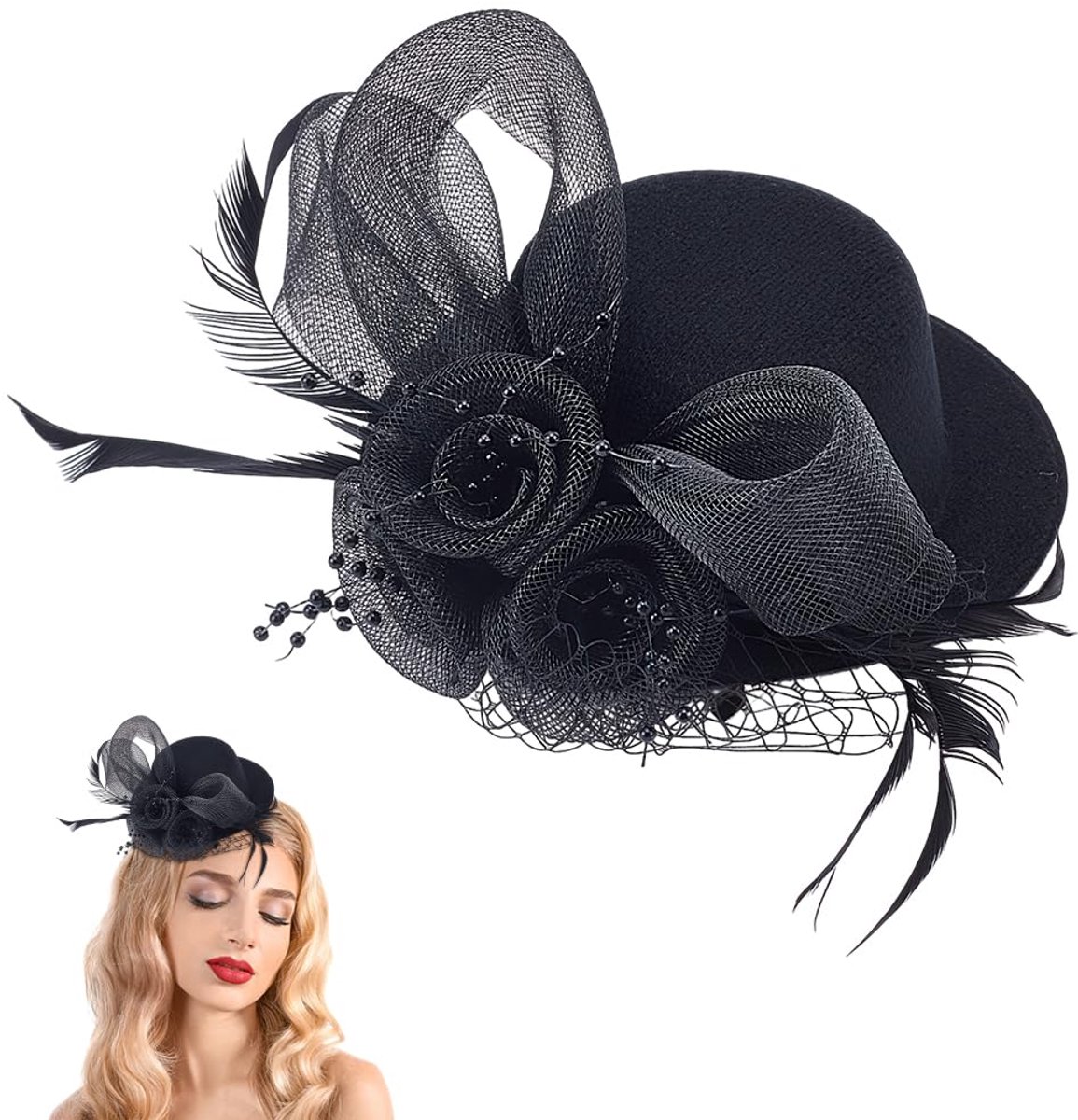 Mini Fascinator Hoeden - Vintage Hoed Clips - Zwart - 22,5 cm