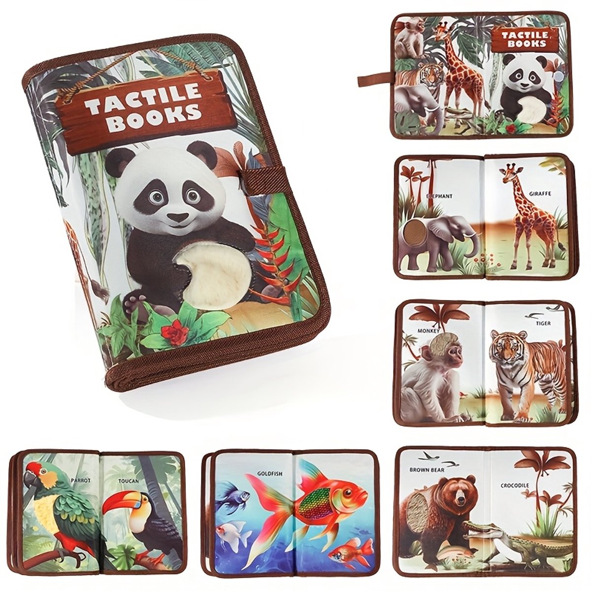 Dutchers® Dieren Aanraak- en Voelboek – Interactief Voelboekje voor Kinderen – Educatief Speelgoed - STEM Speelgoed - Leerzaam Baby- & Peuterboek met Tijgers, Apen & Olifanten – Ontwikkelt Taal & Zintuigen