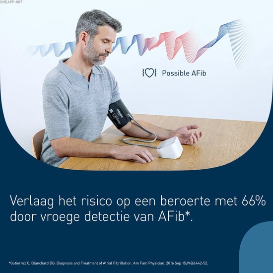 Man met Omron bloeddrukmeter om de arm, hartslaglijnen bovenaan, tekst "Verlaag het risico op een beroerte met 66%"
