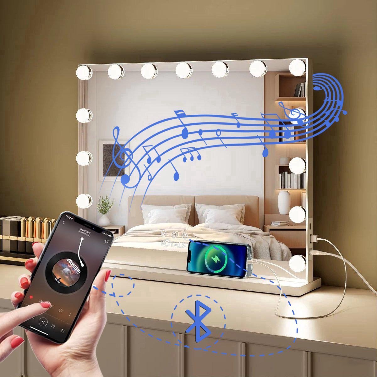 Bol.com Royals Hollywood Spiegel 58x46CM - Bluetooth Speakers - 15x Led Lampen - USB + USB-C Oplaadpoort - 10x vergroting - 3 Di... aanbieding