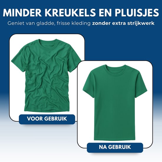 Un t-shirt vert froissé avant utilisation, et à côté le même t-shirt lisse et repassé après utilisation.