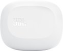 Gesloten witte oplaadcase voor JBL oordopjes met verhoogd JBL logo.