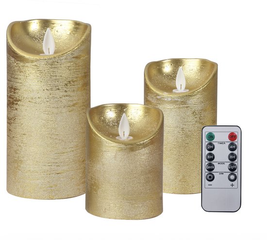 LED kaarsen met bewegende vlam 3x - Goud - Gold - Afstandsbediening - Stompkaars rustiek wax - LED kaars batterij - 7.5 x 10 12.5 15 cm