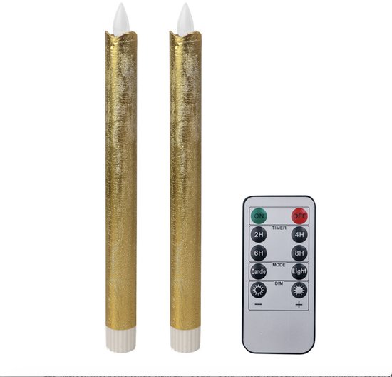 LED kaarsen met bewegende vlam 2x - Goud - Gold - Afstandsbediening - Dinerkaars rustiek wax 24.5 cm - LED kaars batterij