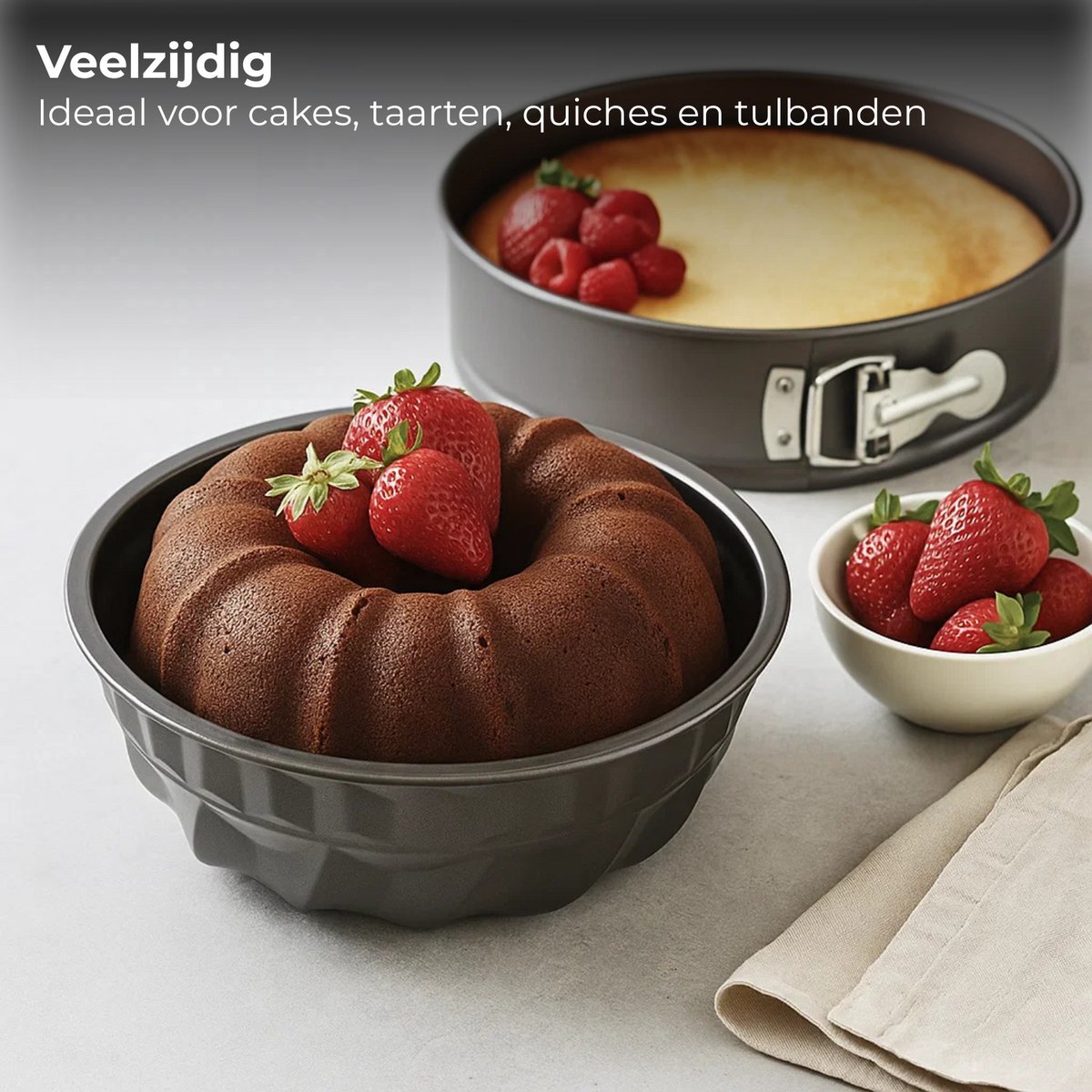 Lomera Bakvorm Set - Springvorm En Tulbandvorm - Koolstofstaal Materiaal - Non-Stick Coating - Krasvast - Chocolade Kleur - Taupe Kleur - Cakevorm - Taartvorm - Quichevorm - Tulbandvorm - Springvorm – foto 2