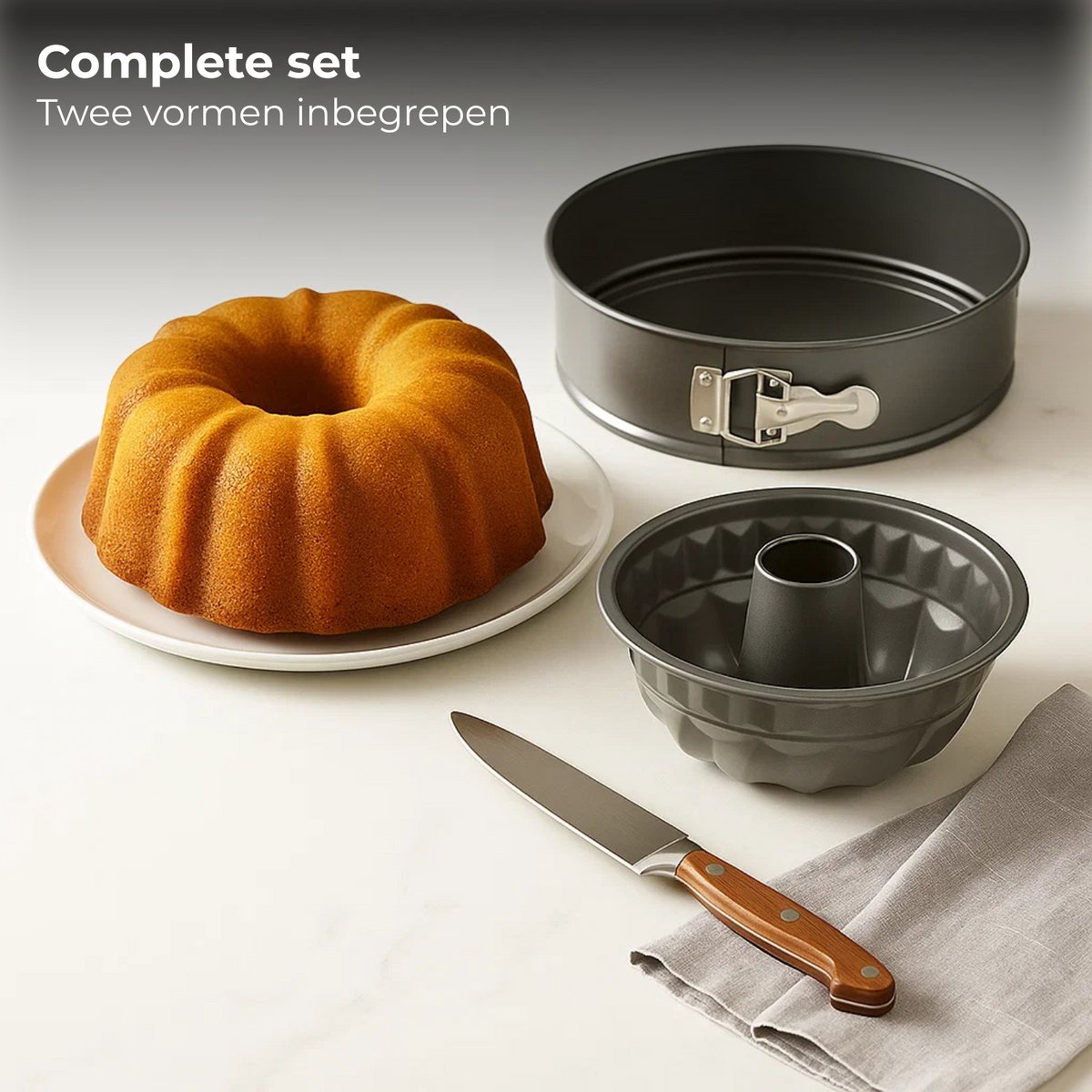 Lomera Bakvorm Set - Springvorm En Tulbandvorm - Koolstofstaal Materiaal - Non-Stick Coating - Krasvast - Chocolade Kleur - Taupe Kleur - Cakevorm - Taartvorm - Quichevorm - Tulbandvorm - Springvorm – foto 3