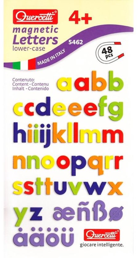 Verpakking van magnetische kleine letters abc, 48 stuks, met rijen met letters aabb, ccdeefg, etc.