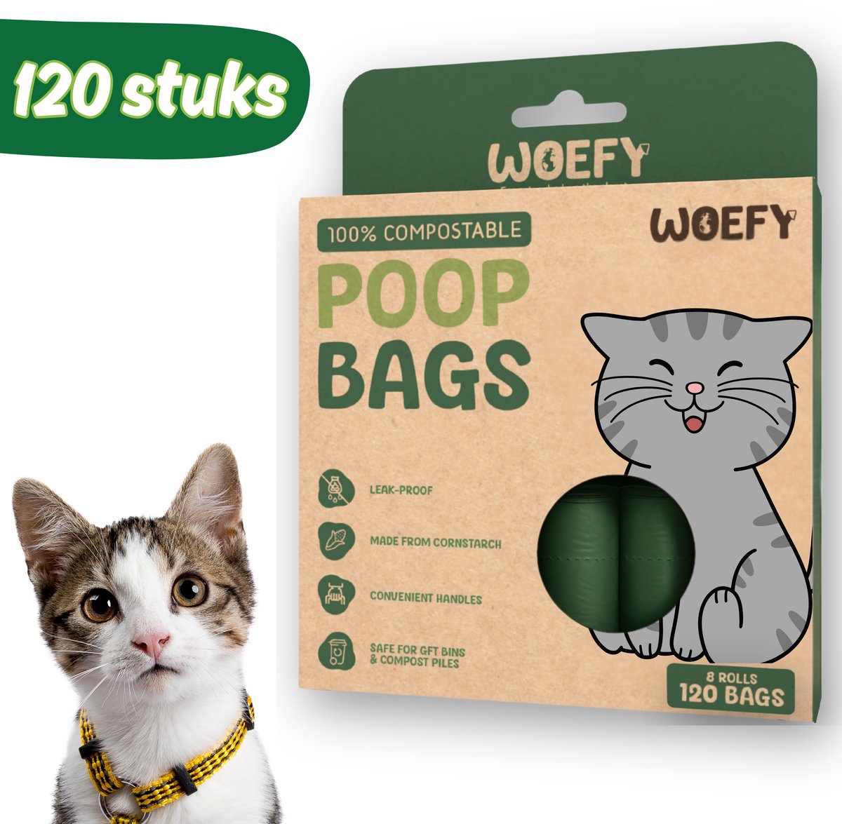 Woefy Kattenbakzakken - 8 Rollen - Kattengritzakjes - Poepzakjes - Kat - Duurzaam - Zakken - Biologisch Afbreekbaar