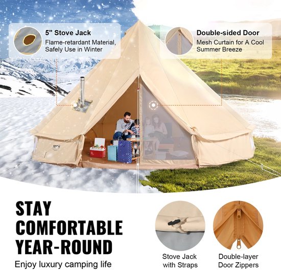 Canvas Bell Tent 4 Seizoenen 3M - Yurt Tent - Katoen & Ademend TC Doek - Met Kachelaansluiting & Vlamvertragende Flap - 4 Ramen met Horren - Waterdicht & Windbestendig - Geschikt voor 4 Personen - Inclusief Draagtas & Accessoires van Latourre Outdoor — afbeelding 4