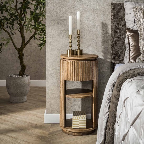 Collection Hoyz - Table de chevet ronde Wave XS avec 1 tiroir - Sable Mango Massief