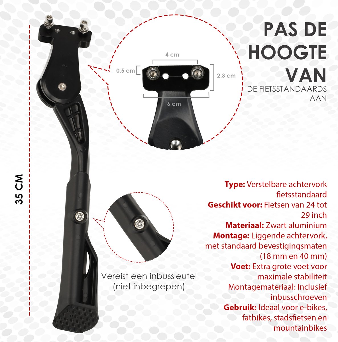 Fietsstandaard E-Bike en Fatbike - Verstelbare achtervork standaard 24-29 Inch | Stabiele zijstandaard met extra grote voet | Geschikt voor Elektrische Fietsen, Fatbikes en Mountainbikes | Maten 18 en 40 mm – foto 5