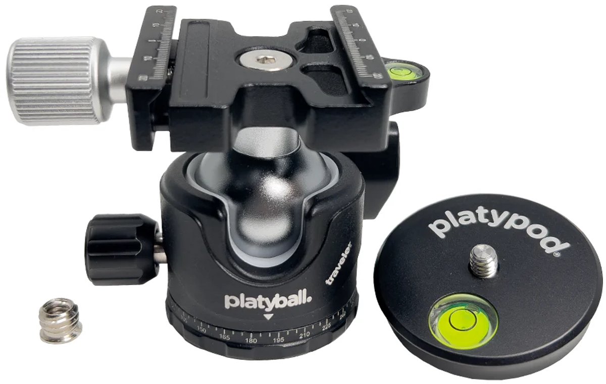 Platypod Traveler, Compact Arca-compatible Ballhead with panning capabilities, including Platypod Disc