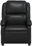 Zwarte fauteuil met massagefunctie, recht van voren bekeken.