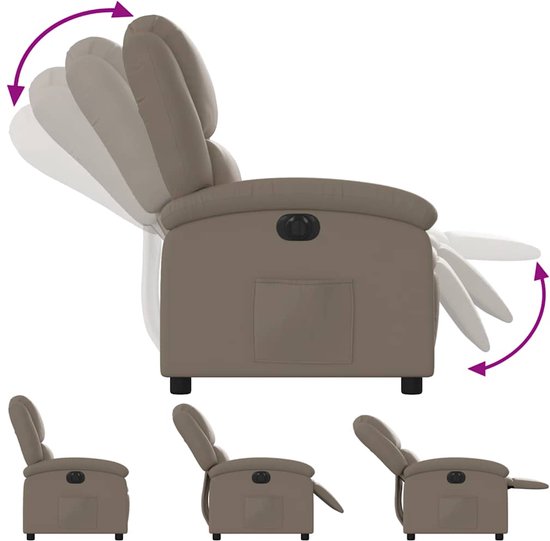 Cappuccinokleurige verstelbare fauteuil van kunstleer, met weergave van kantel- en beensteunfuncties.
