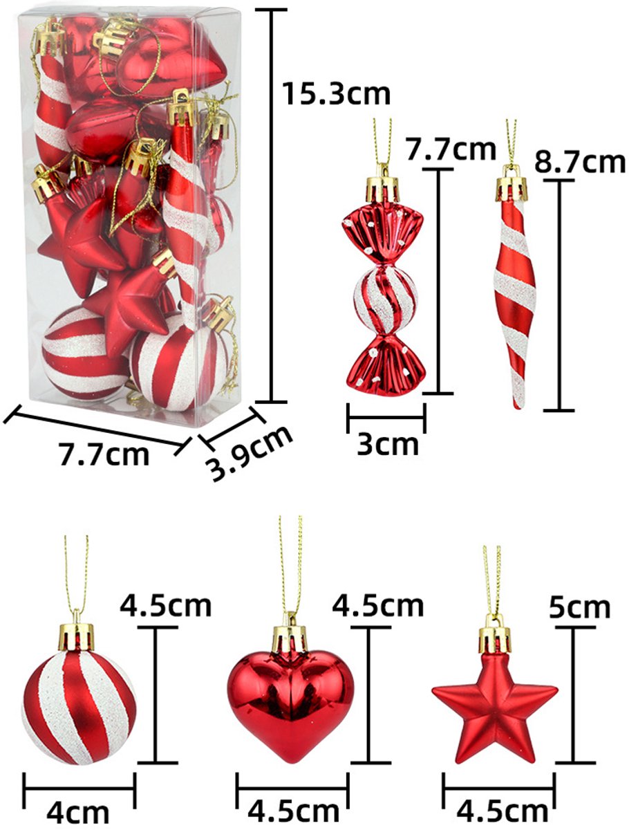 Kerstballen - Kerstversiering - Kerstboomversieringen - Riet - Snoep - Hartvorm - Ster - Ophangbaar - Versier De Kerstboom - Onbreekbaar - 13 Stuks - Klassieke Kerstboomdecoratie - Geschikt Voor Mardi Gras, Pasen, Kerstmis En Thanksgiving - Rood/Wit – foto 4