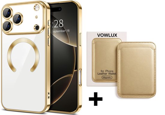 Coque de téléphone dorée, dos blanc, anneau magnétique, et porte-cartes doré.