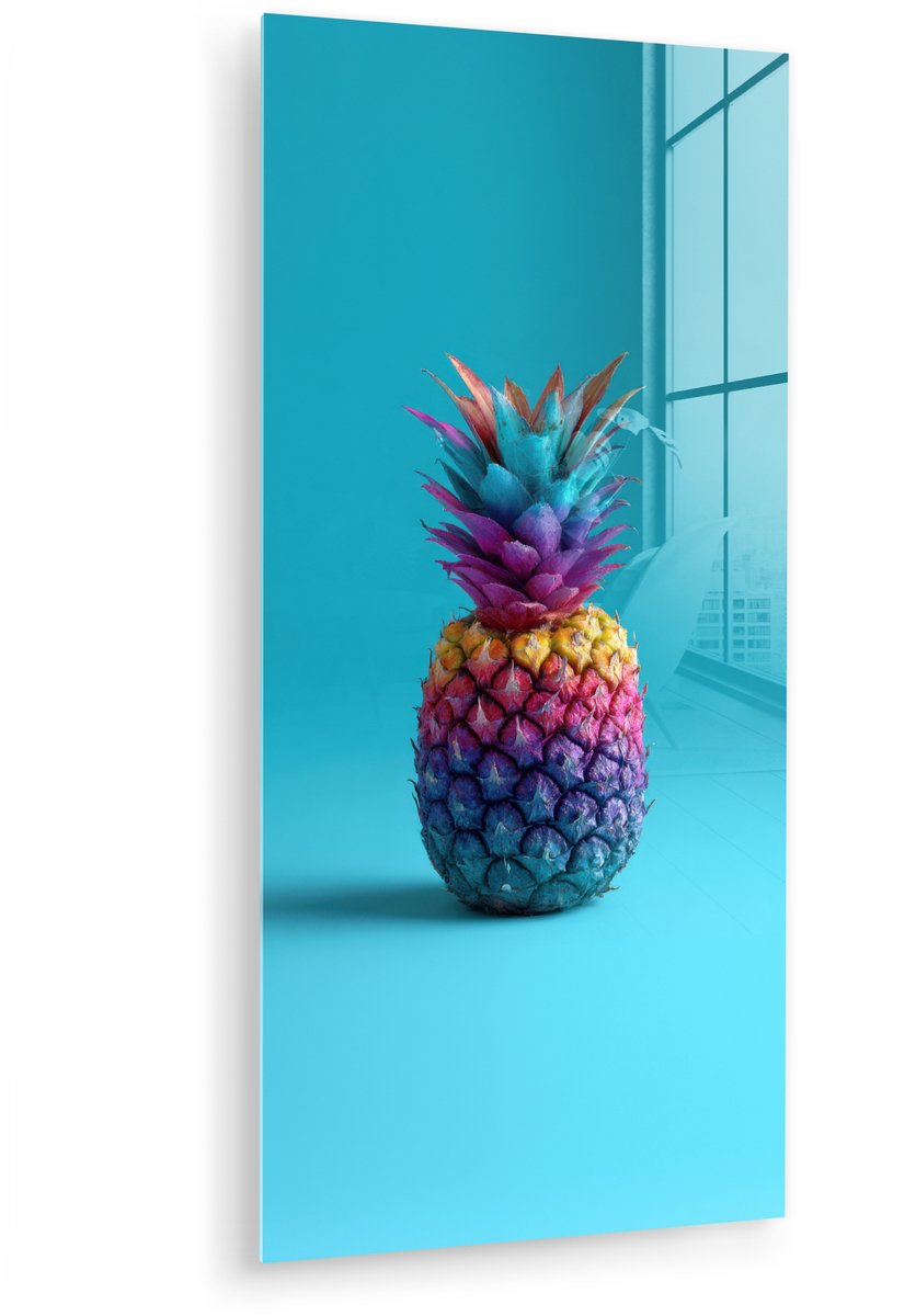 MuchoWow® Glasschilderij 60x120 cm - Schilderij acrylglas - Ananas - Regenboog - Blauw - Popart - Foto op glas - Muurdecoratie woonkamer - Wanddecoratie slaapkamer - Schilderijen