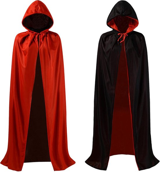Halloween Cape - Halloween Poncho - 150cm - Volwassen Cape met Capuchon - Dubbelzijdige Halloween Cape - Perfect voor Cosplay, Carnaval en Halloween Kostuums - Zwart en Rood