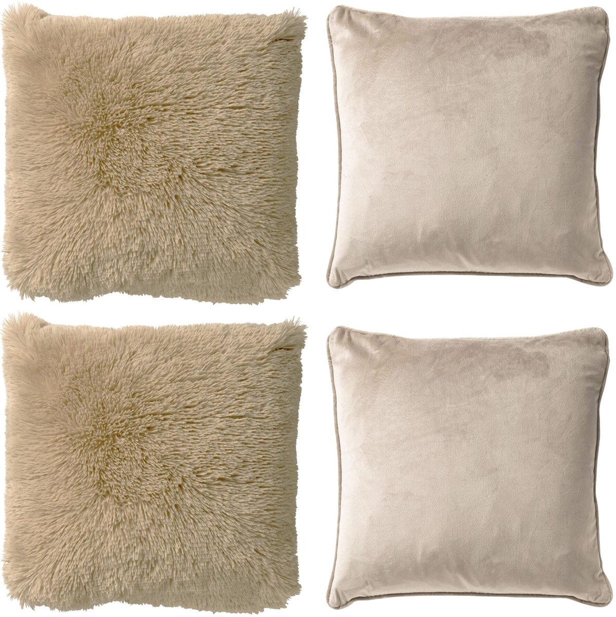 Dutch Decor - KUSSENSET - 4-delig Fluffy & Velvet - 45x45 cm - inclusief binnenkussens - beige - Met Ritssluiting – Decoratie Kussens - Comfortabele kussentjes voor op de Bank