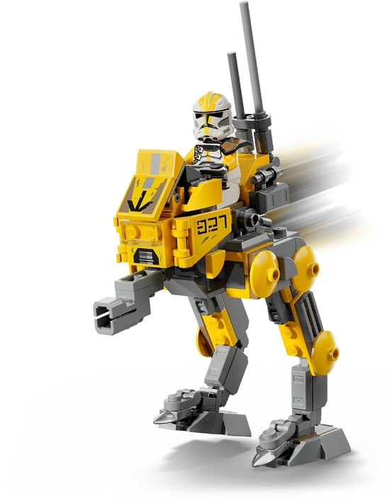 AT-RT walker LEGO Star Wars en jaune et gris, avec un clone trooper, sur fond blanc avec des effets de mouvement.