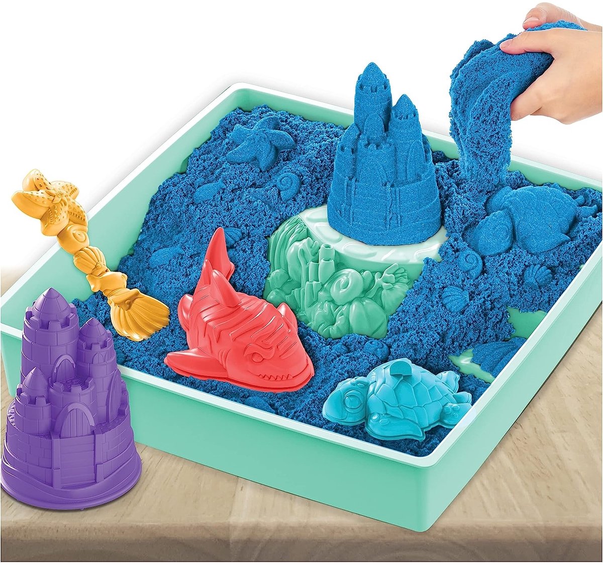 Kinetic Sand - Zandbak-set met 454 g blauw origineel Kinetic Sand - opbergzandbak 4 vormen en gereedschap - Sensorisch speelgoed — afbeelding 3