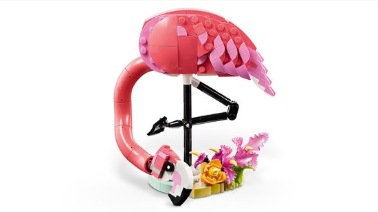 Roze LEGO Creator flamingo, gebogen hals, met bloemen.