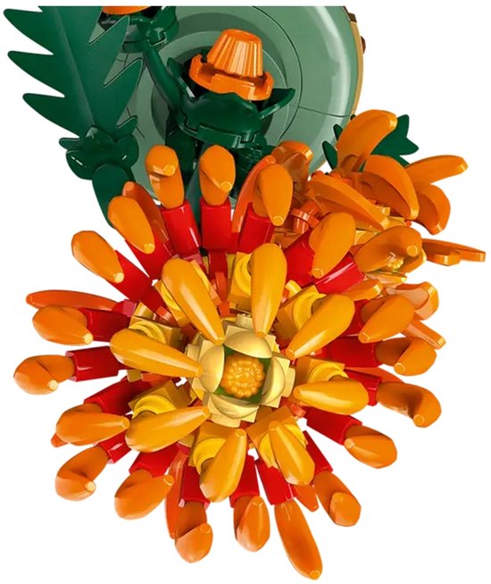 Gros plan des pétales orange et rouges d'un chrysanthème Lego.