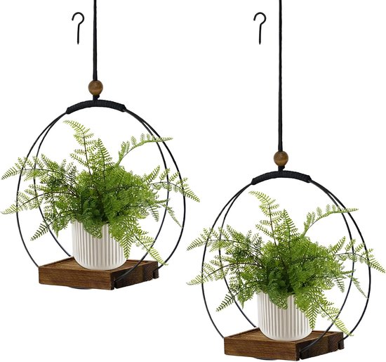 2-Pack Hangende Plantenbakken Voor Binnen, Zwarte Haak Met Stevige Houten Voet, Moderne Boho-Stijl, Plantenbak (Plant/Pot Niet Inbegrepen)