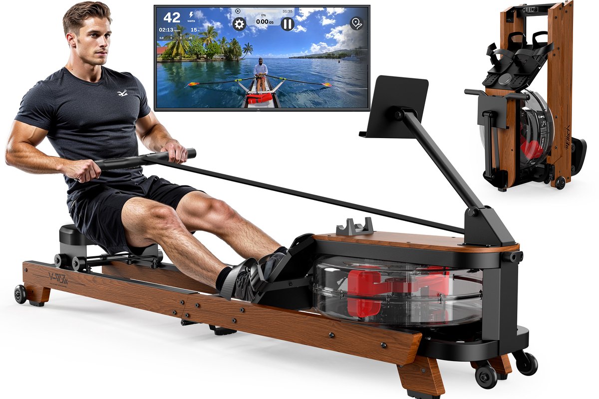 MettleMatic Roeimachine - Houten Roeimachine met Waterweerstand, Vouwdbaar met Bluetooth - Monitor en Tablet - Houder, Maximum Laadvermogen 180 kg - MettleMatic - €299,99