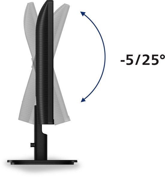 Zijaanzicht van een zwarte Philips monitor die kantelt met een boog van -5/25 graden.