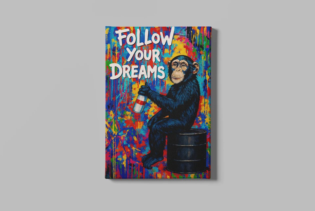 Trendex Global Canvas Schilderij - Graffiti - Aap- Follow Your - Dreams - 60x40x2 cm Bruin
