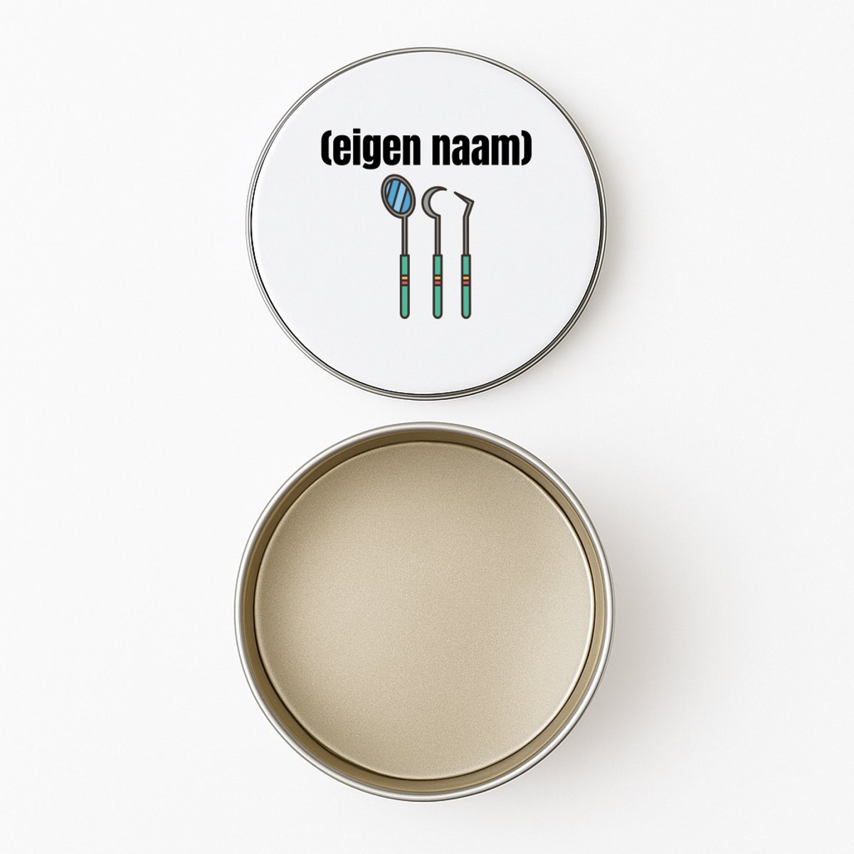 Hacebo® - tandarts materiaal met eigen naam koektrommel rond - mondhygiënisten/tandartsen - koekblik – koektrommels – bewaarblik - snoeptrommel - iemand die tandarts is of mondhygiënist - verjaardag - cadeau - koek trommel - Ø 15 CM