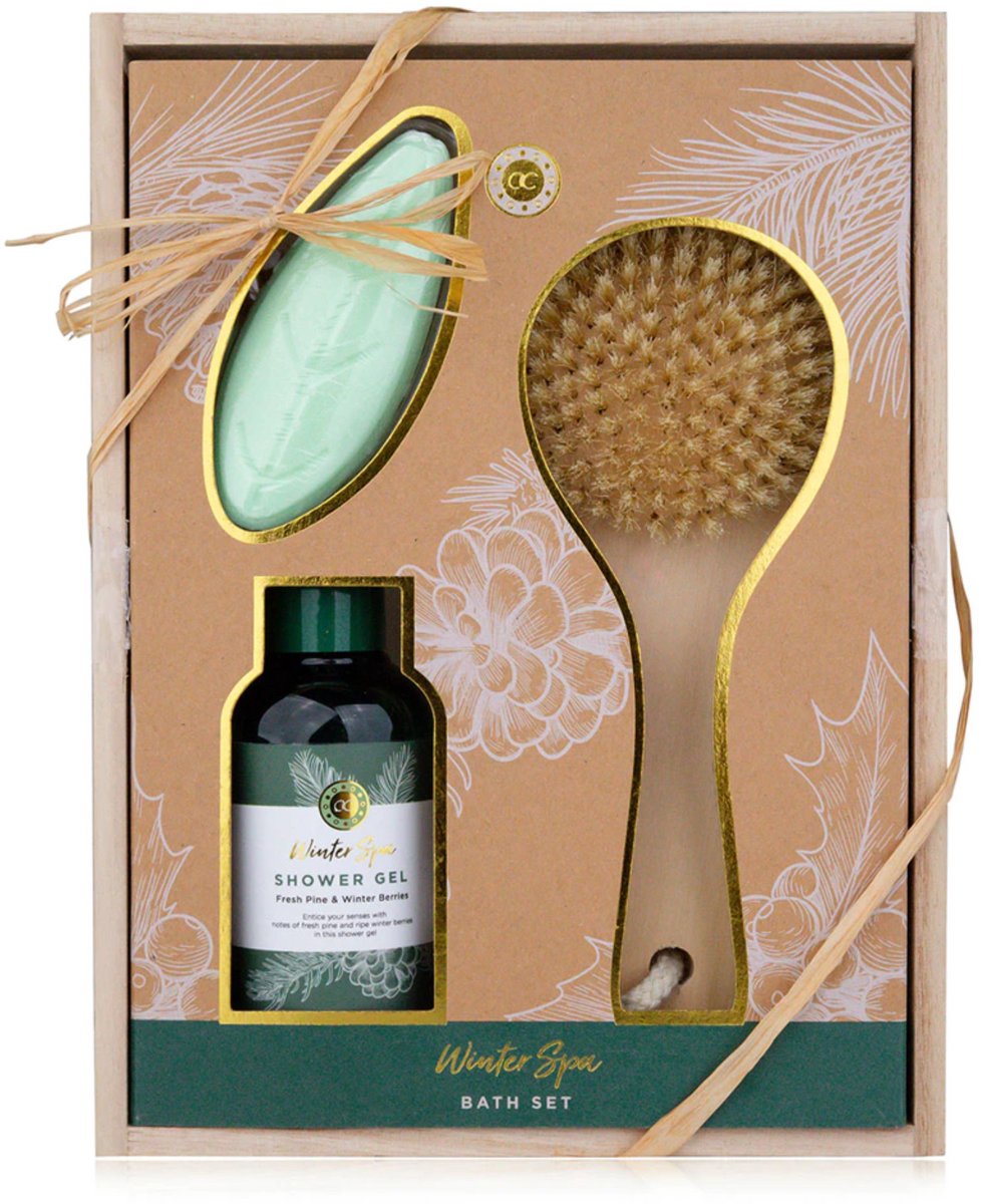 green-goose® Zen Spa Wellnessset in Houten Geschenkdoos - incl. Douchegel, Zeep, Badborstel - Geur: Fresh Pine & Winter Berries
