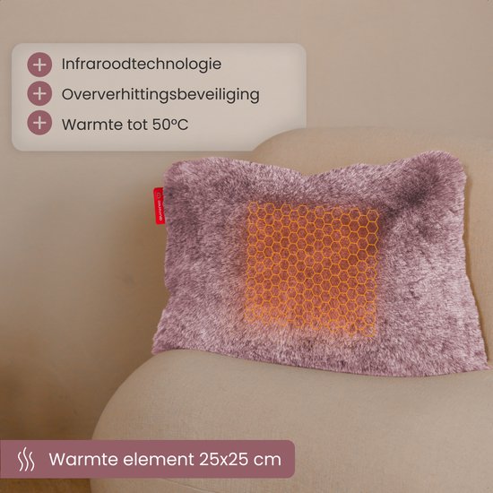 Coussin chauffant rose en peluche avec technologie infrarouge et motif en grille.