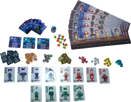 Bordspel met speelkaarten van griezelhuizen, monsteronderdelen en speelfiguren.