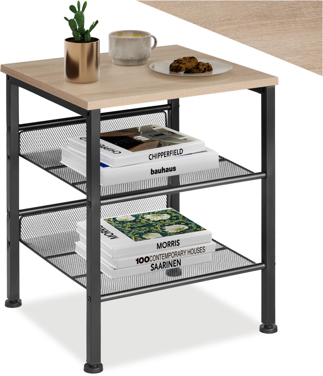 Tectake Bijzettafel met 1 plank en 2 roosterplanken - Nachtkastje in industrieel design - Voor woonkamer, slaapkamer, kantoor, hal - Eenvoudige montage - Zwart metalen frame - Afmeting (LxBxH) 40,5 x 40 x 50,5 cm - Lichtbruin Lichtbruin - Eiken Sonoma