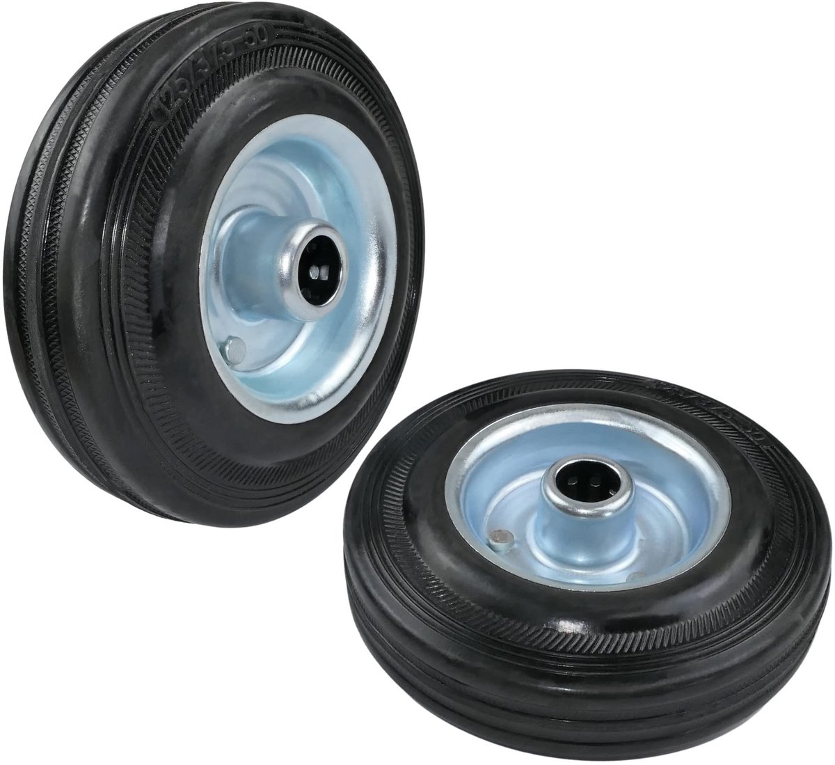 Set van 2 zwarte autowielen met rubberen band en stalen velg, Ø 125 mm, naaldlager en belastbaarheid tot 100 kg voor soepel en duurzaam gebruik