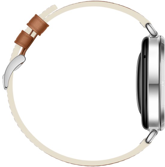 Zijkant van een zilverkleurig horloge met een crème- en bruine band.