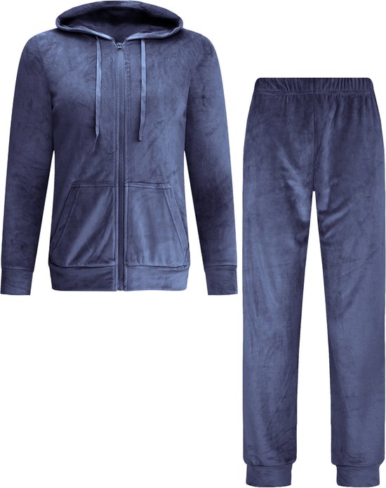 Donkerblauw fluwelen joggingpak met capuchon en rits.