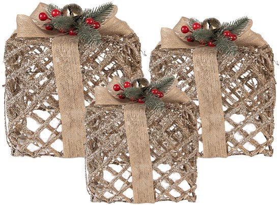 Clayre & Eef Décoration de Noël avec lumières LED Cadeau 25 / 20 / 15 cm Couleur or Métal
